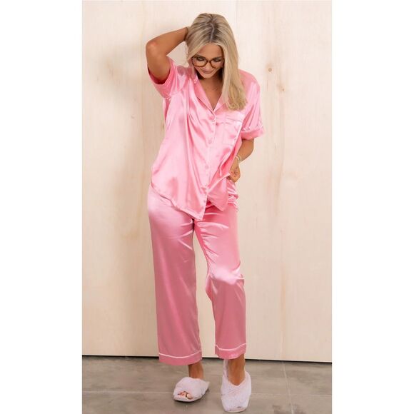Zenana NWT size S pink silky pajama lounge set satin - Picture 3 of 8